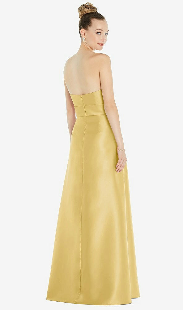 Back View - Maize Basque-Neck Strapless Satin Gown with Mini Sash