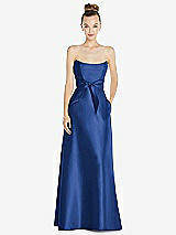 Front View Thumbnail - Classic Blue Basque-Neck Strapless Satin Gown with Mini Sash