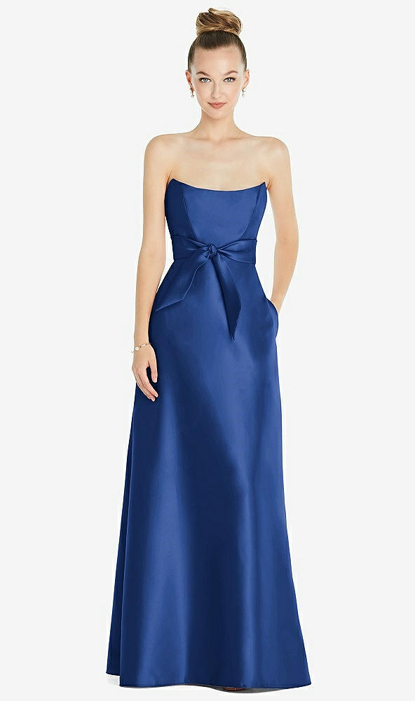 Front View - Classic Blue Basque-Neck Strapless Satin Gown with Mini Sash
