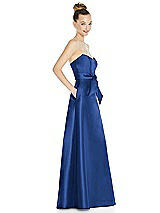 Side View Thumbnail - Classic Blue Basque-Neck Strapless Satin Gown with Mini Sash