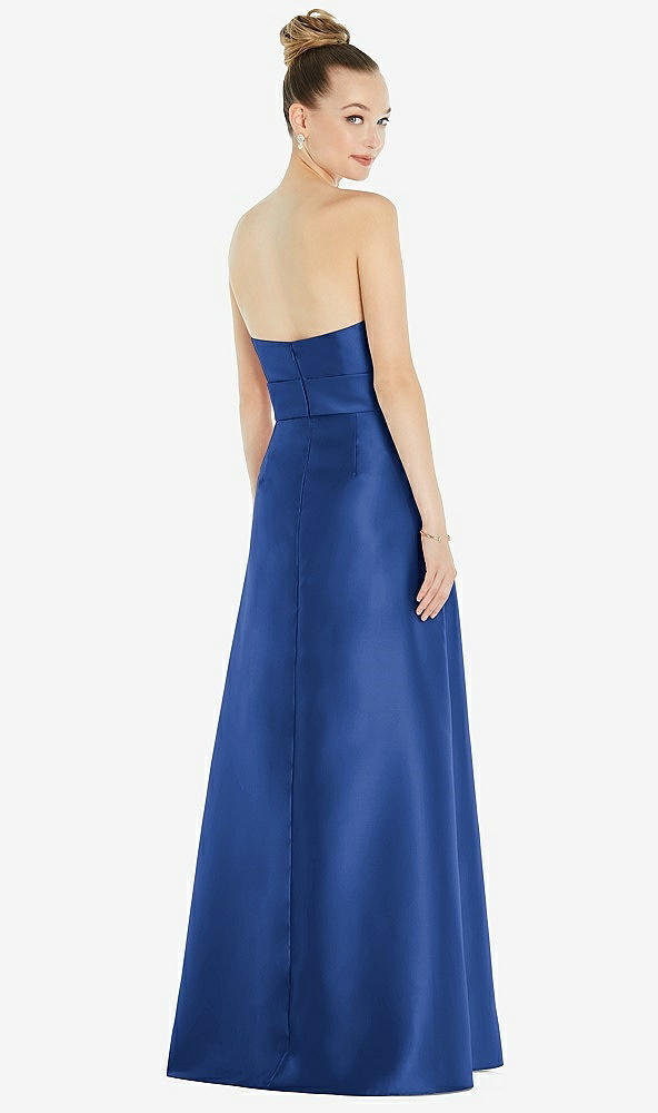 Back View - Classic Blue Basque-Neck Strapless Satin Gown with Mini Sash