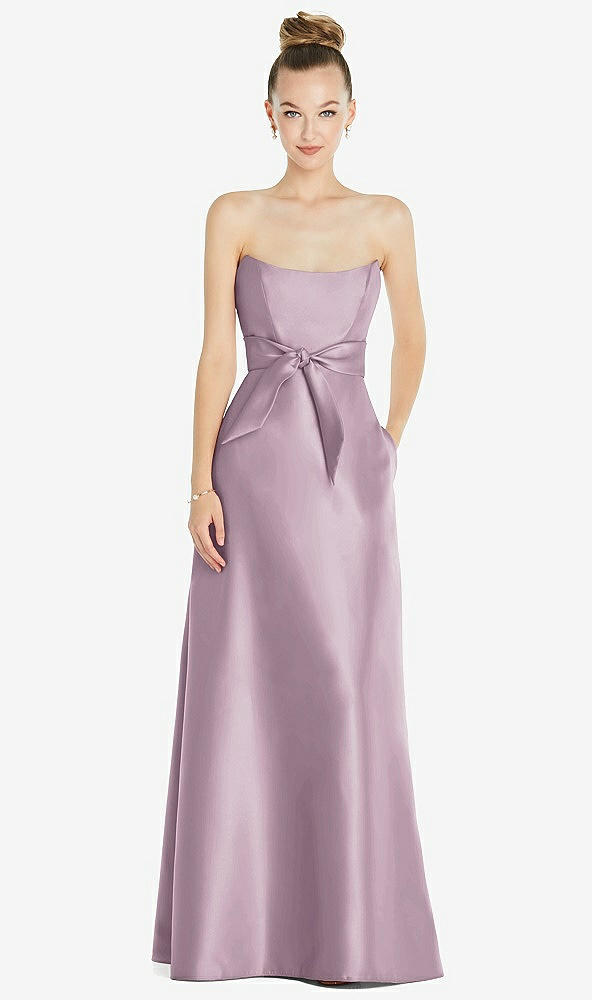 Front View - Suede Rose Basque-Neck Strapless Satin Gown with Mini Sash