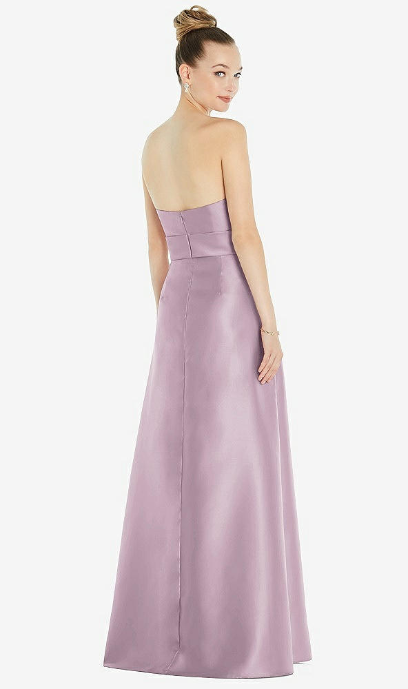 Back View - Suede Rose Basque-Neck Strapless Satin Gown with Mini Sash