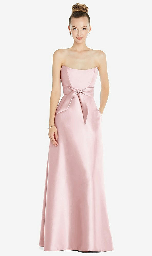 Front View - Ballet Pink Basque-Neck Strapless Satin Gown with Mini Sash