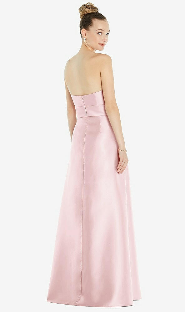 Back View - Ballet Pink Basque-Neck Strapless Satin Gown with Mini Sash