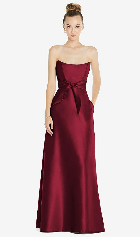 Front View - Burgundy Basque-Neck Strapless Satin Gown with Mini Sash