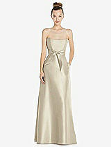 Front View Thumbnail - Champagne Basque-Neck Strapless Satin Gown with Mini Sash