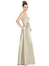 Side View Thumbnail - Champagne Basque-Neck Strapless Satin Gown with Mini Sash
