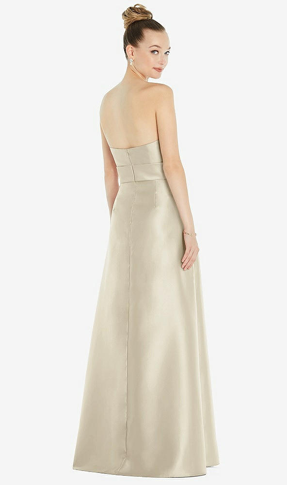 Back View - Champagne Basque-Neck Strapless Satin Gown with Mini Sash