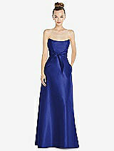 Front View Thumbnail - Cobalt Blue Basque-Neck Strapless Satin Gown with Mini Sash