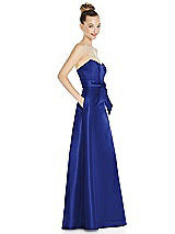 Side View Thumbnail - Cobalt Blue Basque-Neck Strapless Satin Gown with Mini Sash