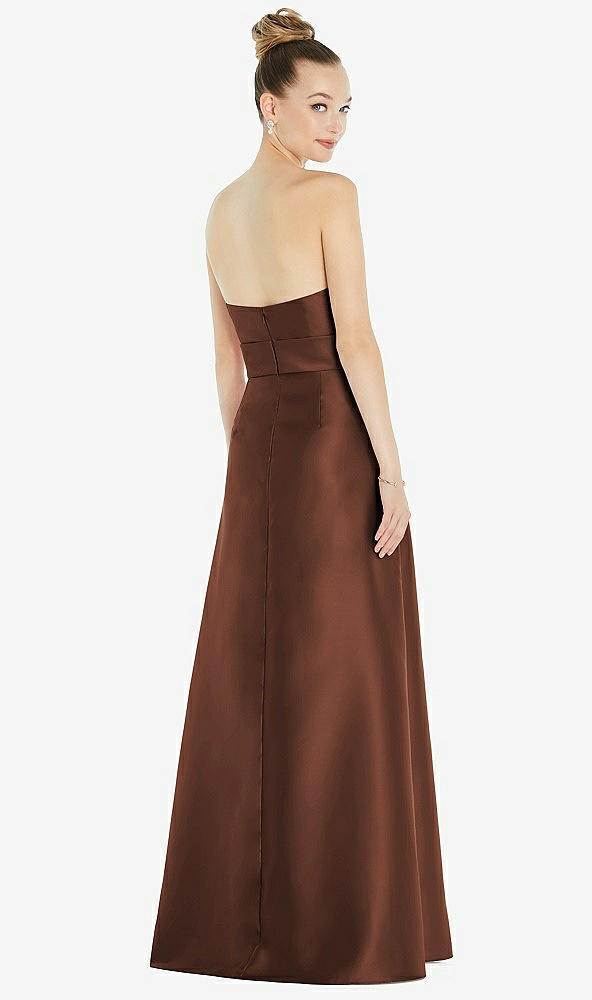 Back View - Cognac Basque-Neck Strapless Satin Gown with Mini Sash