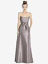 Front View Thumbnail - Cashmere Gray Basque-Neck Strapless Satin Gown with Mini Sash