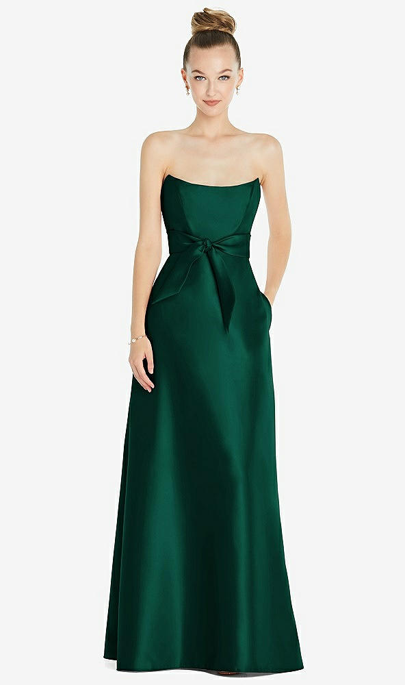 Front View - Hunter Green Basque-Neck Strapless Satin Gown with Mini Sash