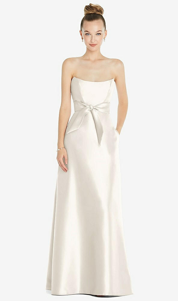 Front View - Ivory Basque-Neck Strapless Satin Gown with Mini Sash