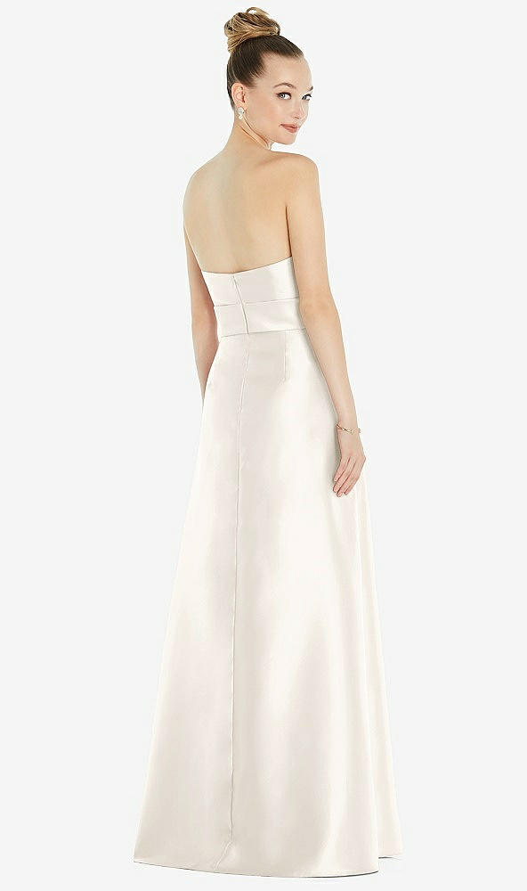 Back View - Ivory Basque-Neck Strapless Satin Gown with Mini Sash