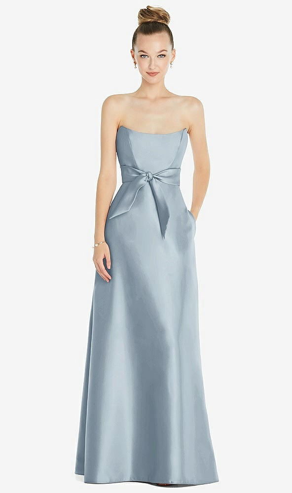 Front View - Mist Basque-Neck Strapless Satin Gown with Mini Sash