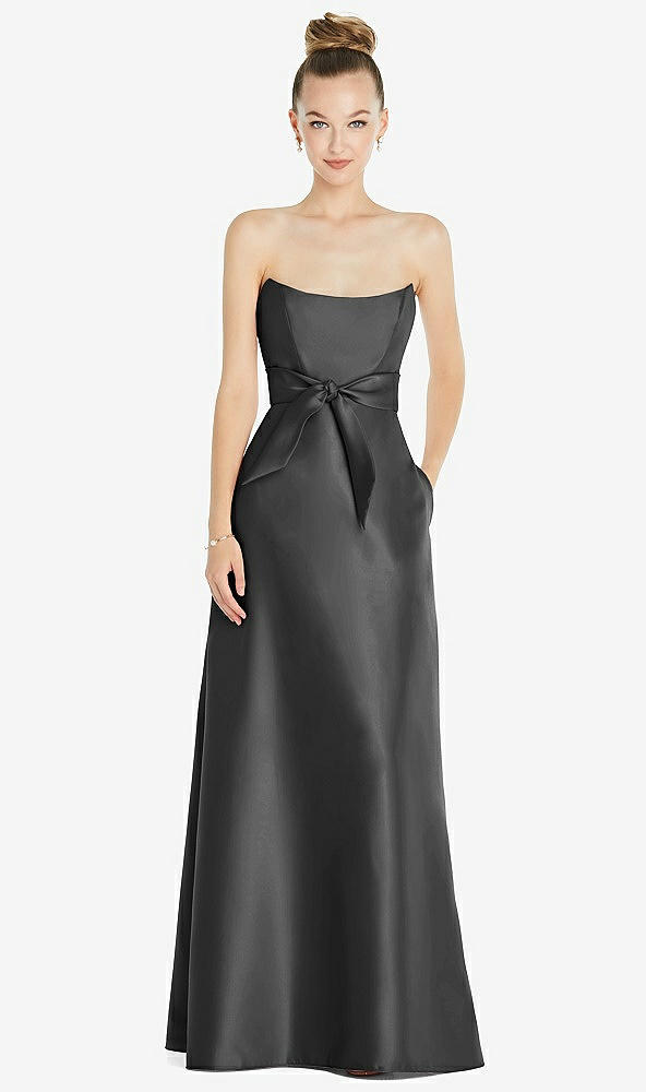 Front View - Pewter Basque-Neck Strapless Satin Gown with Mini Sash