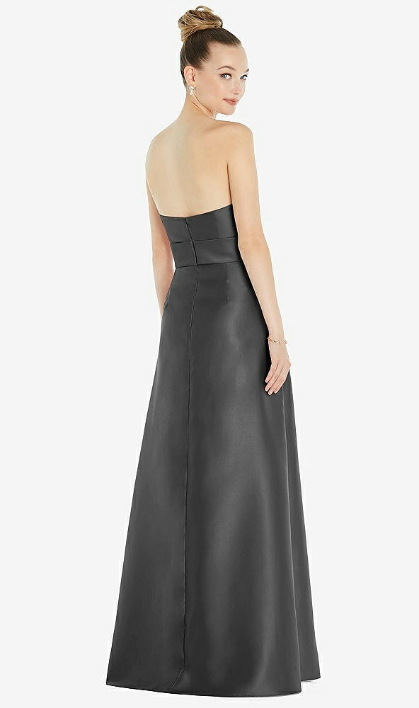 Back View - Pewter Basque-Neck Strapless Satin Gown with Mini Sash