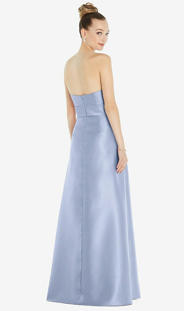 Back View - Sky Blue Basque-Neck Strapless Satin Gown with Mini Sash
