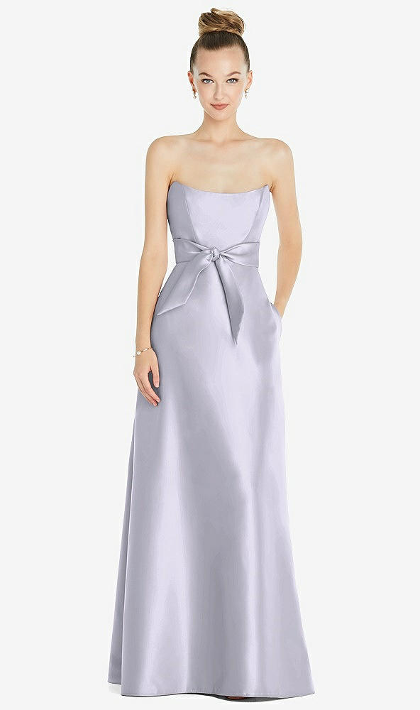 Front View - Silver Dove Basque-Neck Strapless Satin Gown with Mini Sash