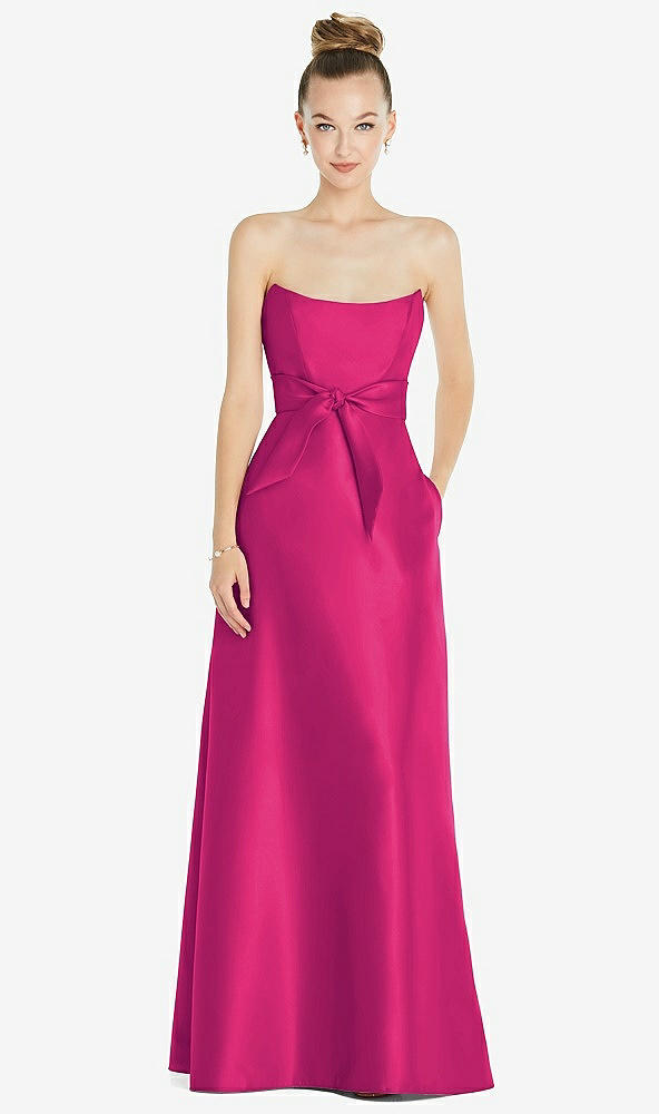 Front View - Think Pink Basque-Neck Strapless Satin Gown with Mini Sash