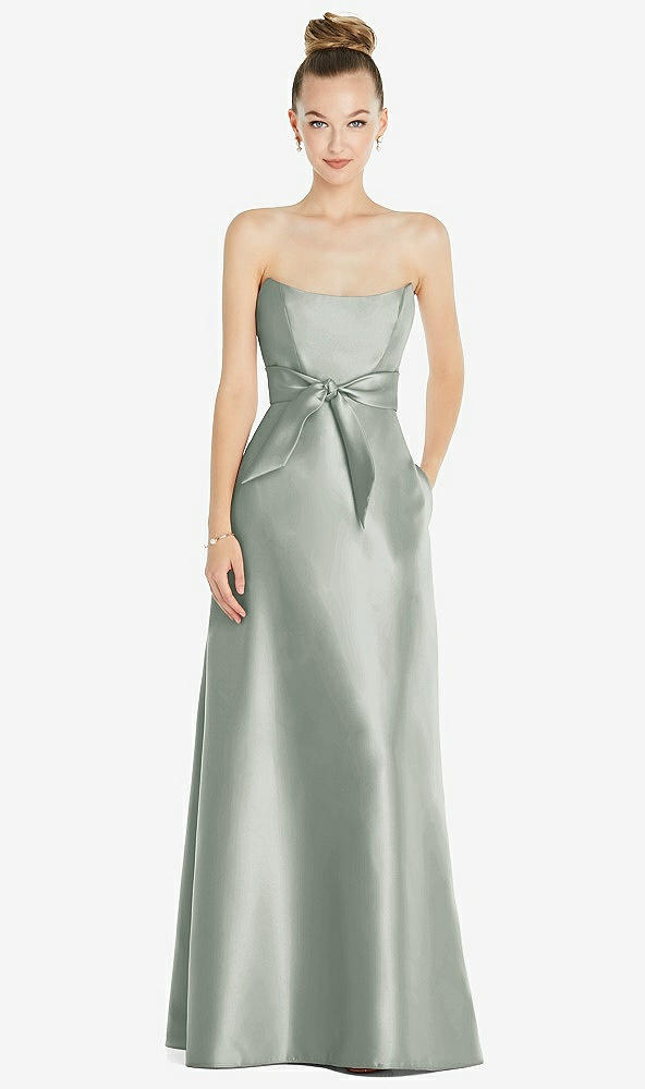 Front View - Willow Green Basque-Neck Strapless Satin Gown with Mini Sash