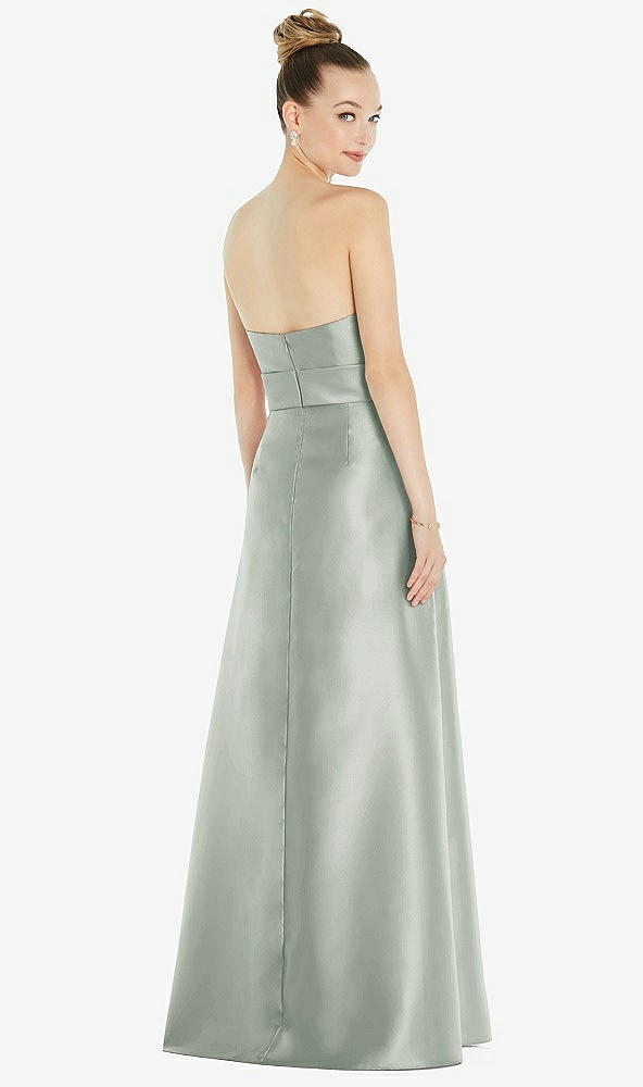 Back View - Willow Green Basque-Neck Strapless Satin Gown with Mini Sash