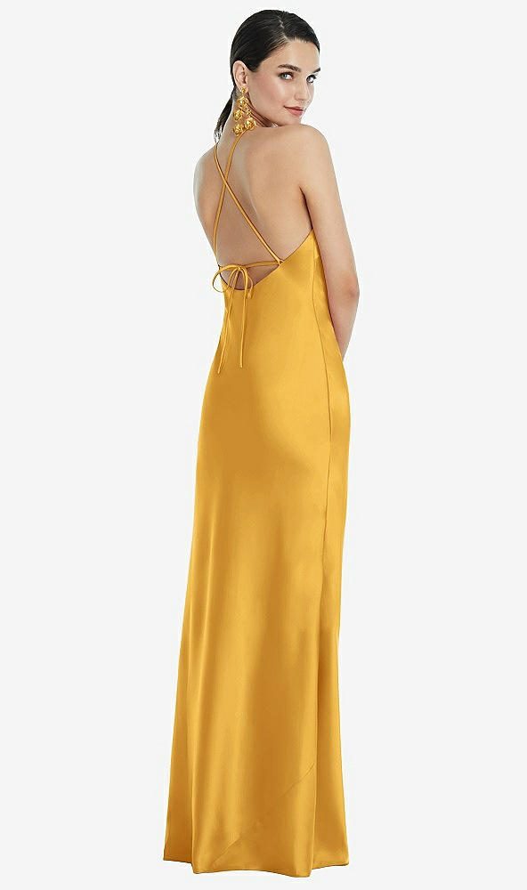 Back View - NYC Yellow Diamond Halter Bias Maxi Slip Dress with Convertible Straps