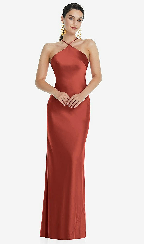 Front View - Amber Sunset Diamond Halter Bias Maxi Slip Dress with Convertible Straps
