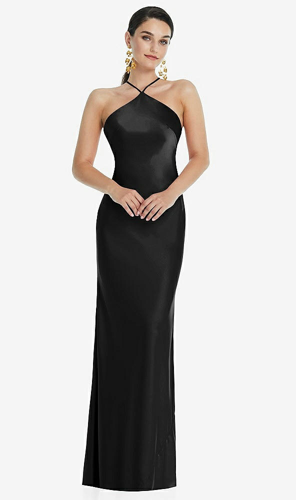 Front View - Black Diamond Halter Bias Maxi Slip Dress with Convertible Straps