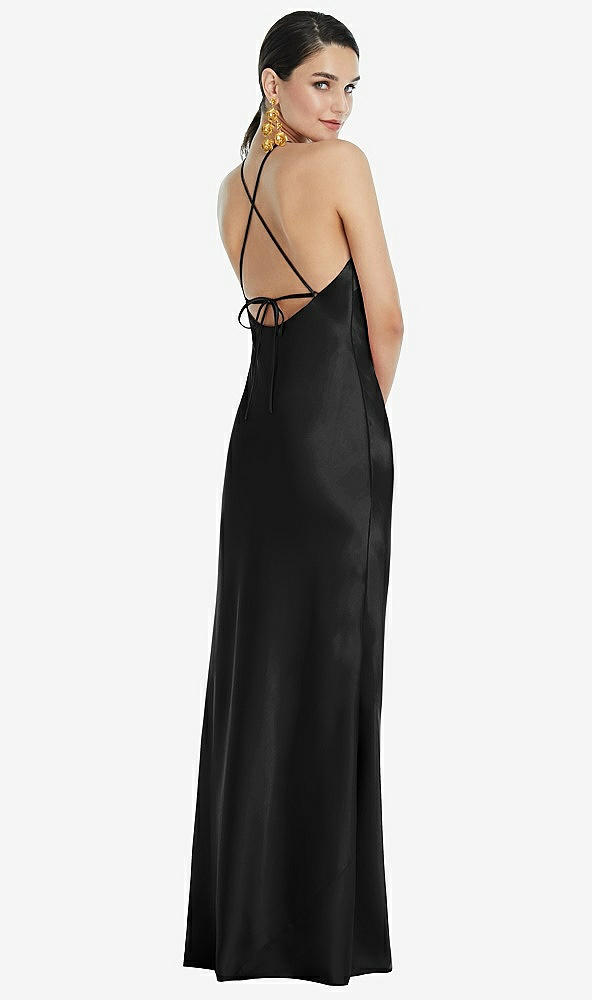 Back View - Black Diamond Halter Bias Maxi Slip Dress with Convertible Straps