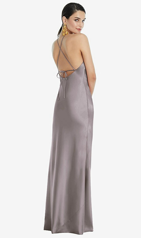 Back View - Cashmere Gray Diamond Halter Bias Maxi Slip Dress with Convertible Straps