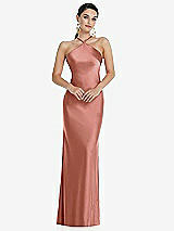 Front View Thumbnail - Desert Rose Diamond Halter Bias Maxi Slip Dress with Convertible Straps