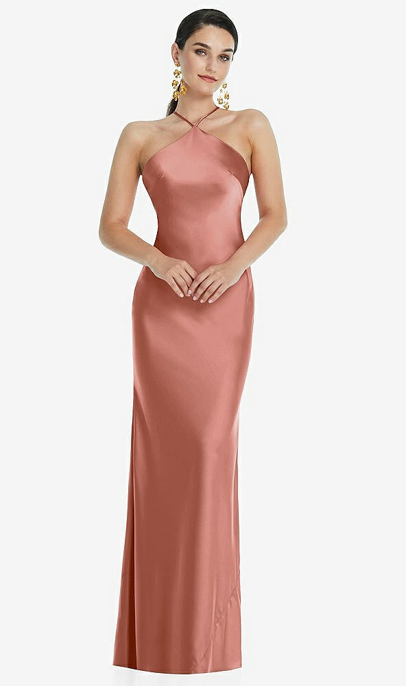 Front View - Desert Rose Diamond Halter Bias Maxi Slip Dress with Convertible Straps