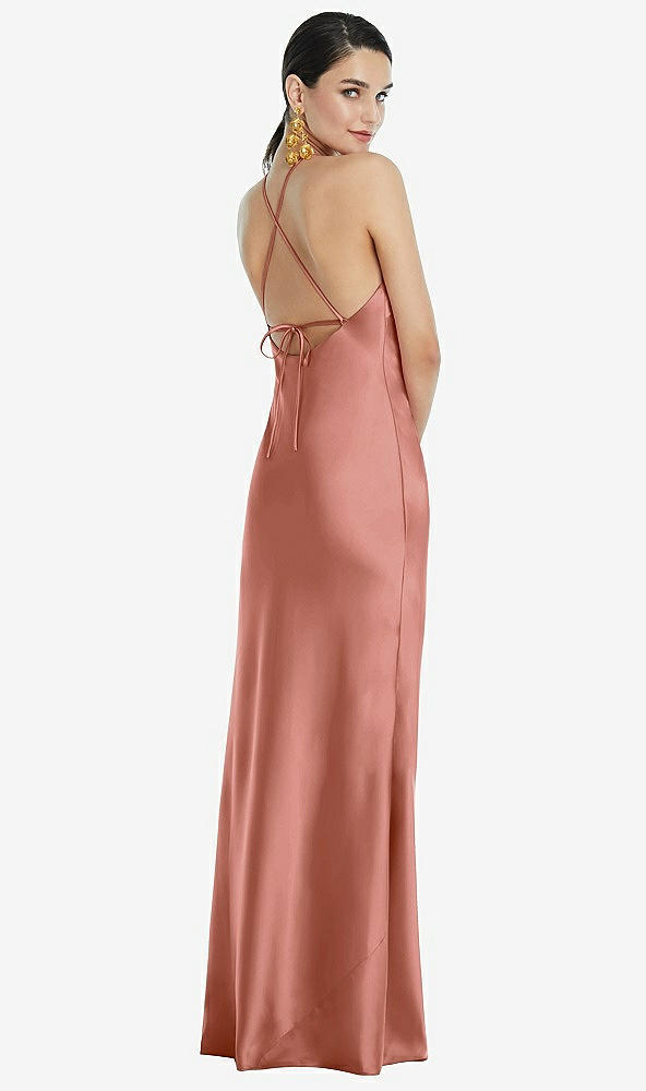 Back View - Desert Rose Diamond Halter Bias Maxi Slip Dress with Convertible Straps