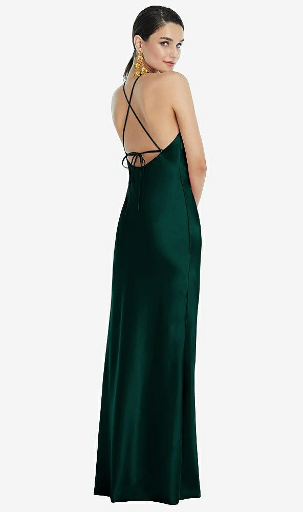 Back View - Evergreen Diamond Halter Bias Maxi Slip Dress with Convertible Straps