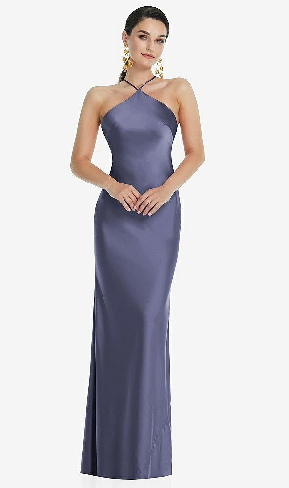 Front View - French Blue Diamond Halter Bias Maxi Slip Dress with Convertible Straps