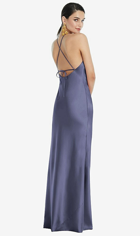 Back View - French Blue Diamond Halter Bias Maxi Slip Dress with Convertible Straps