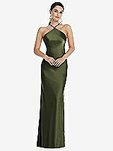 Front View Thumbnail - Olive Green Diamond Halter Bias Maxi Slip Dress with Convertible Straps