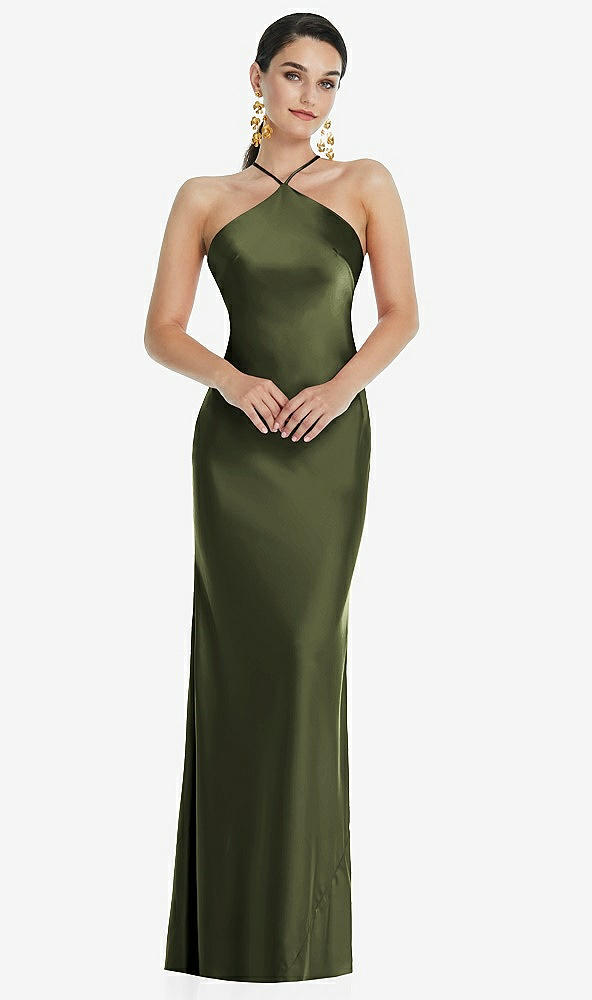 Front View - Olive Green Diamond Halter Bias Maxi Slip Dress with Convertible Straps