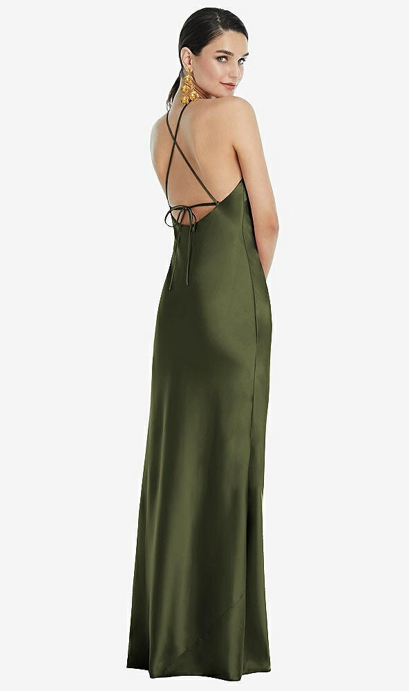 Back View - Olive Green Diamond Halter Bias Maxi Slip Dress with Convertible Straps
