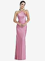 Front View Thumbnail - Powder Pink Diamond Halter Bias Maxi Slip Dress with Convertible Straps