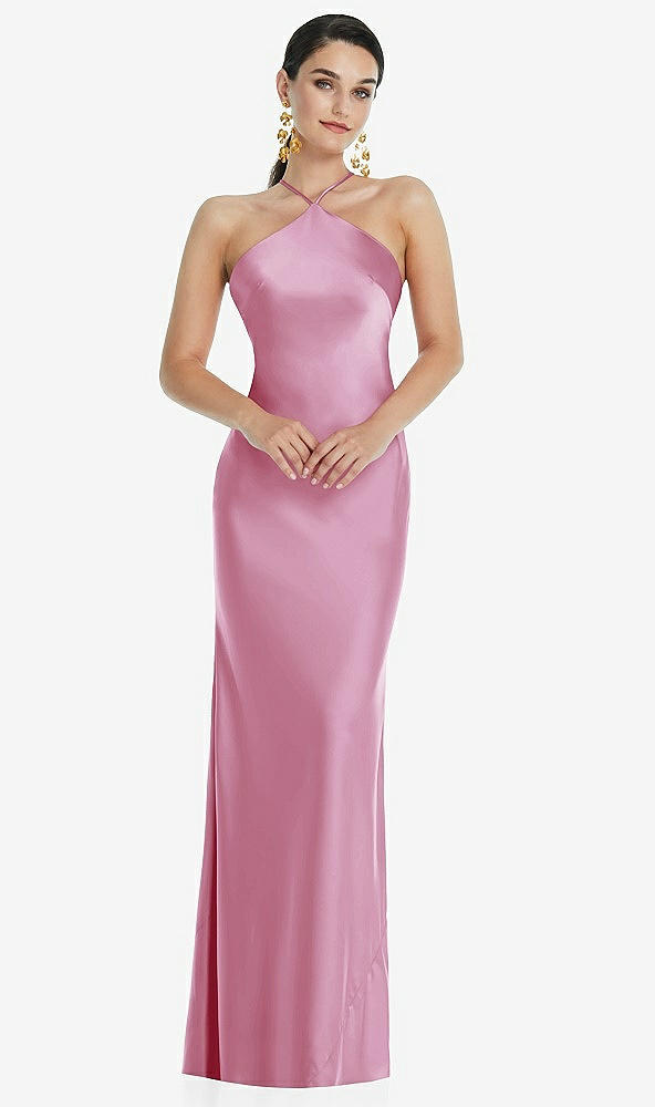 Front View - Powder Pink Diamond Halter Bias Maxi Slip Dress with Convertible Straps