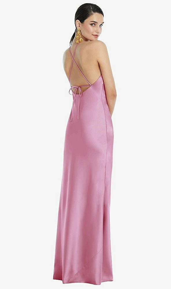 Back View - Powder Pink Diamond Halter Bias Maxi Slip Dress with Convertible Straps