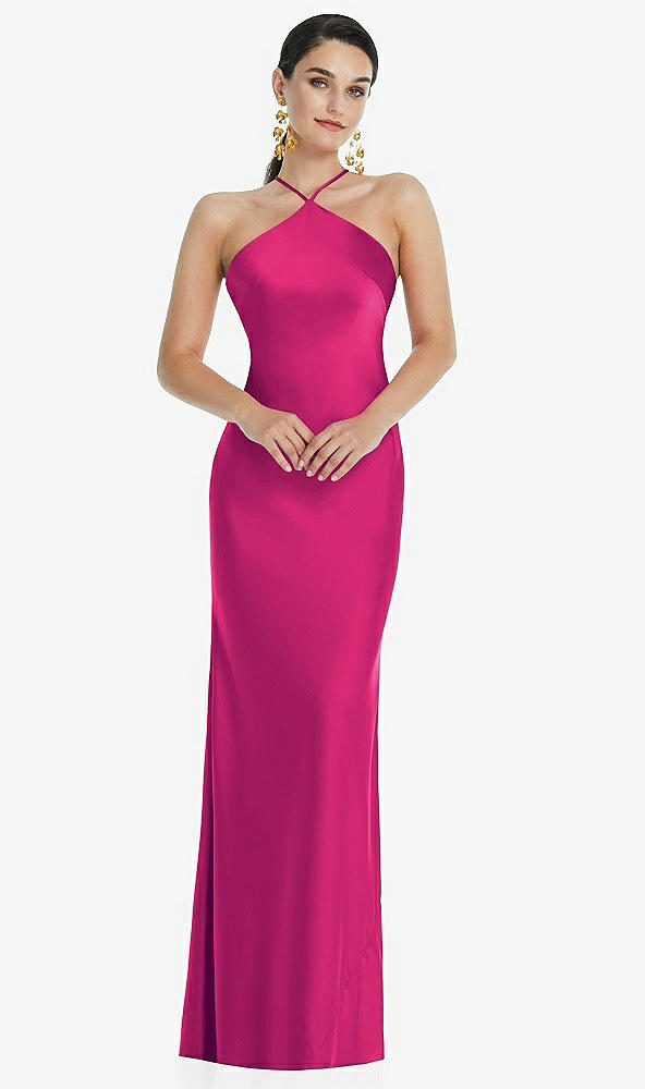 Front View - Think Pink Diamond Halter Bias Maxi Slip Dress with Convertible Straps