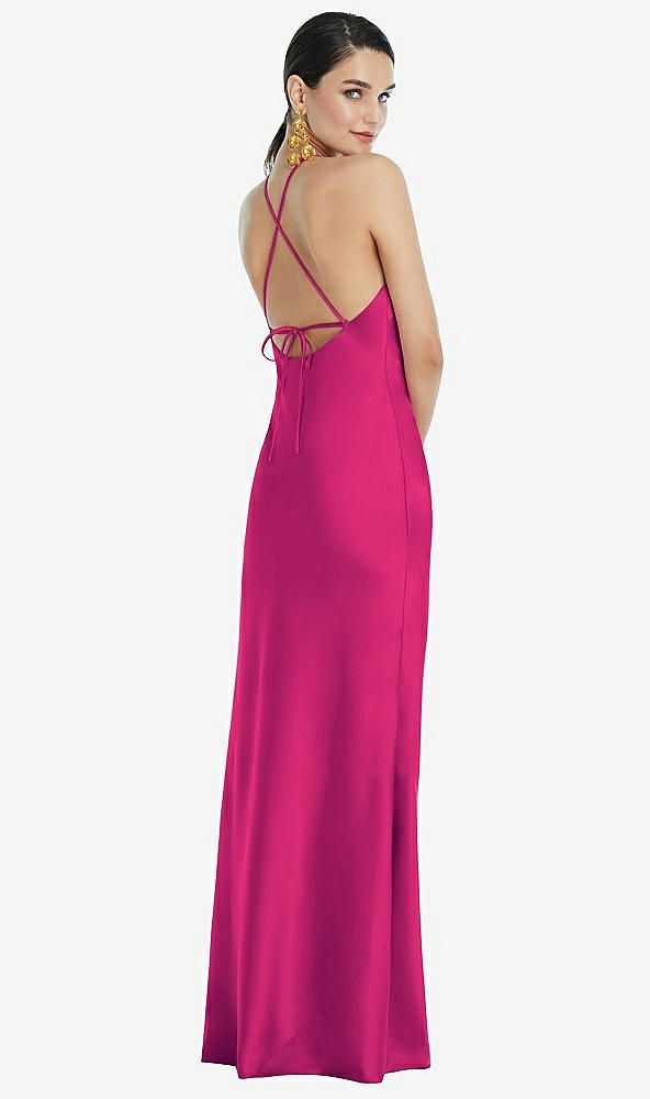 Back View - Think Pink Diamond Halter Bias Maxi Slip Dress with Convertible Straps