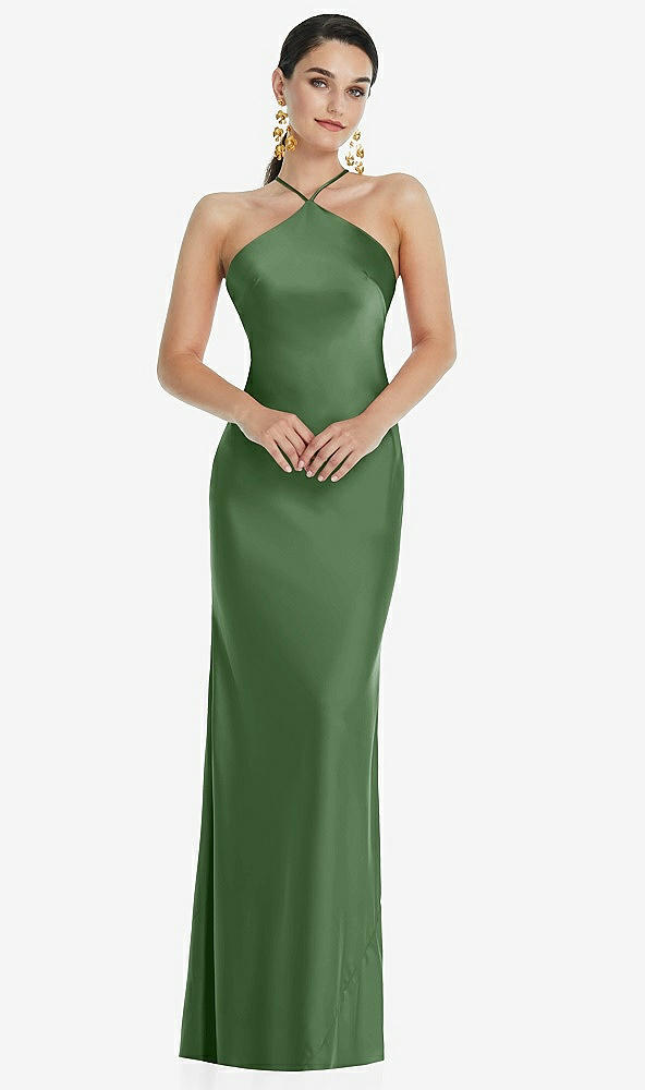 Front View - Vineyard Green Diamond Halter Bias Maxi Slip Dress with Convertible Straps