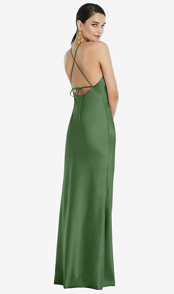 Back View - Vineyard Green Diamond Halter Bias Maxi Slip Dress with Convertible Straps