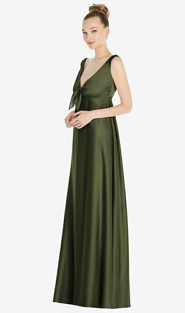 Front View - Olive Green Convertible Strap Empire Waist Satin Maxi Dress
